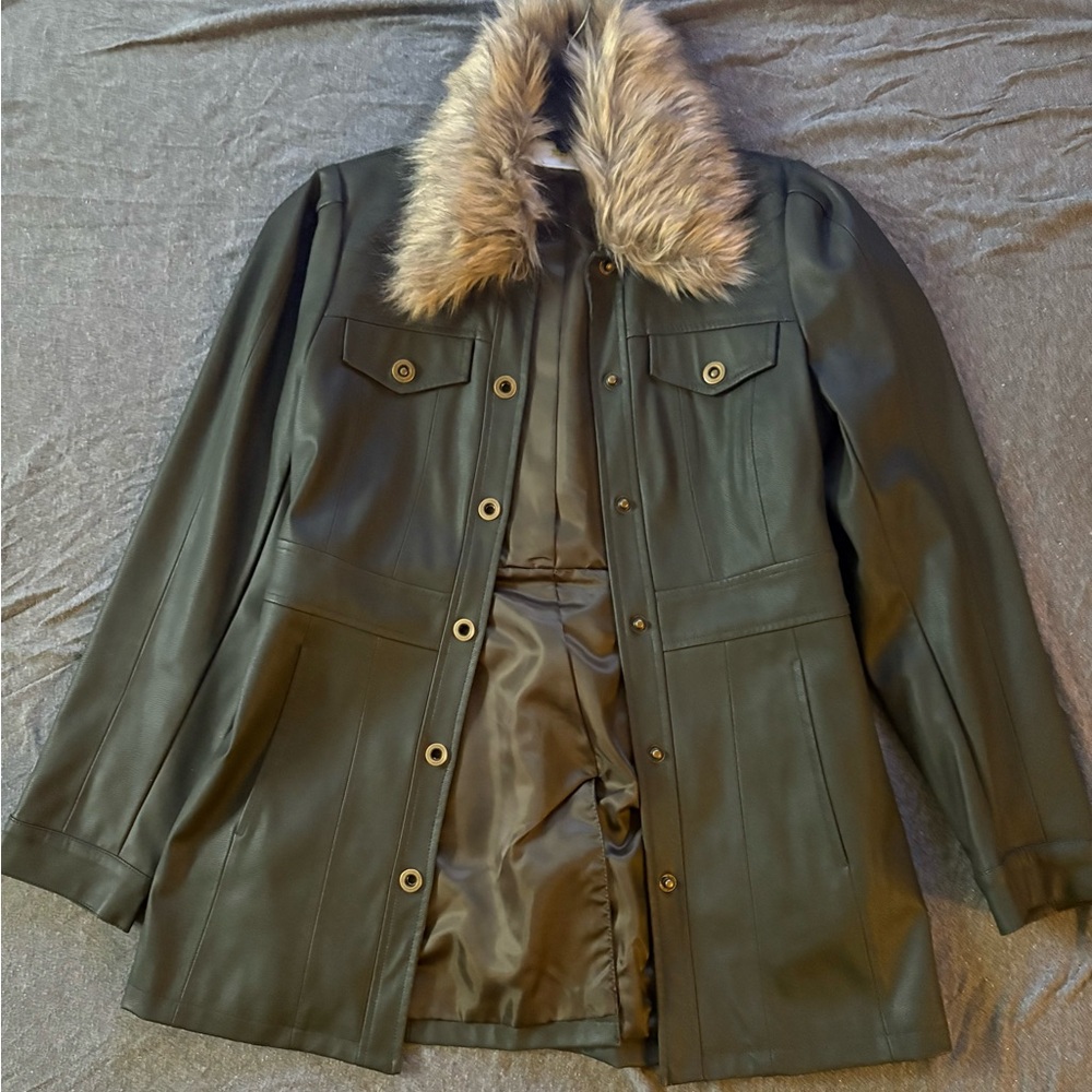 Maeve by Anthropologie Faux Fur Trim Olive Green Leather Jacket size 2